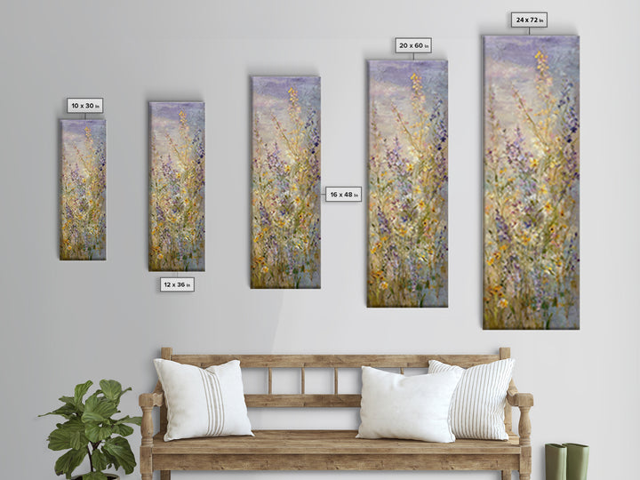 Wide Meadow of Muted Wildflowers at Dusk Framed Canvas Print, Above Bed Art, 3 Piece Wall Art, Bedroom Decor, Watercolor Art, ABA-1x3-46