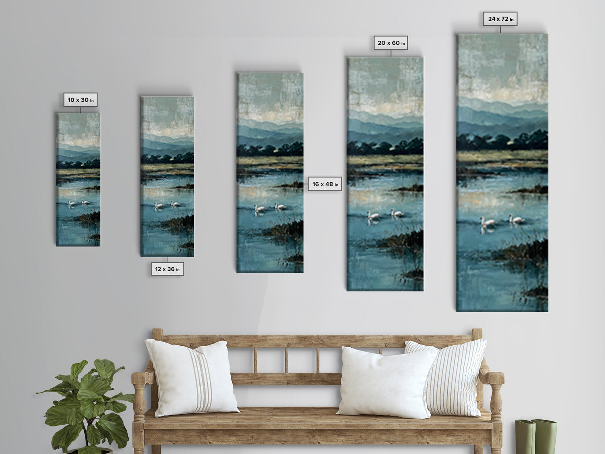 Paired Swans in a Dreamy Painterly Lake Canvas Print, Above Bed Art, Living Room Wall Art, Bedroom Decor, Serenity, Wall Decor, ABA-1x3-58