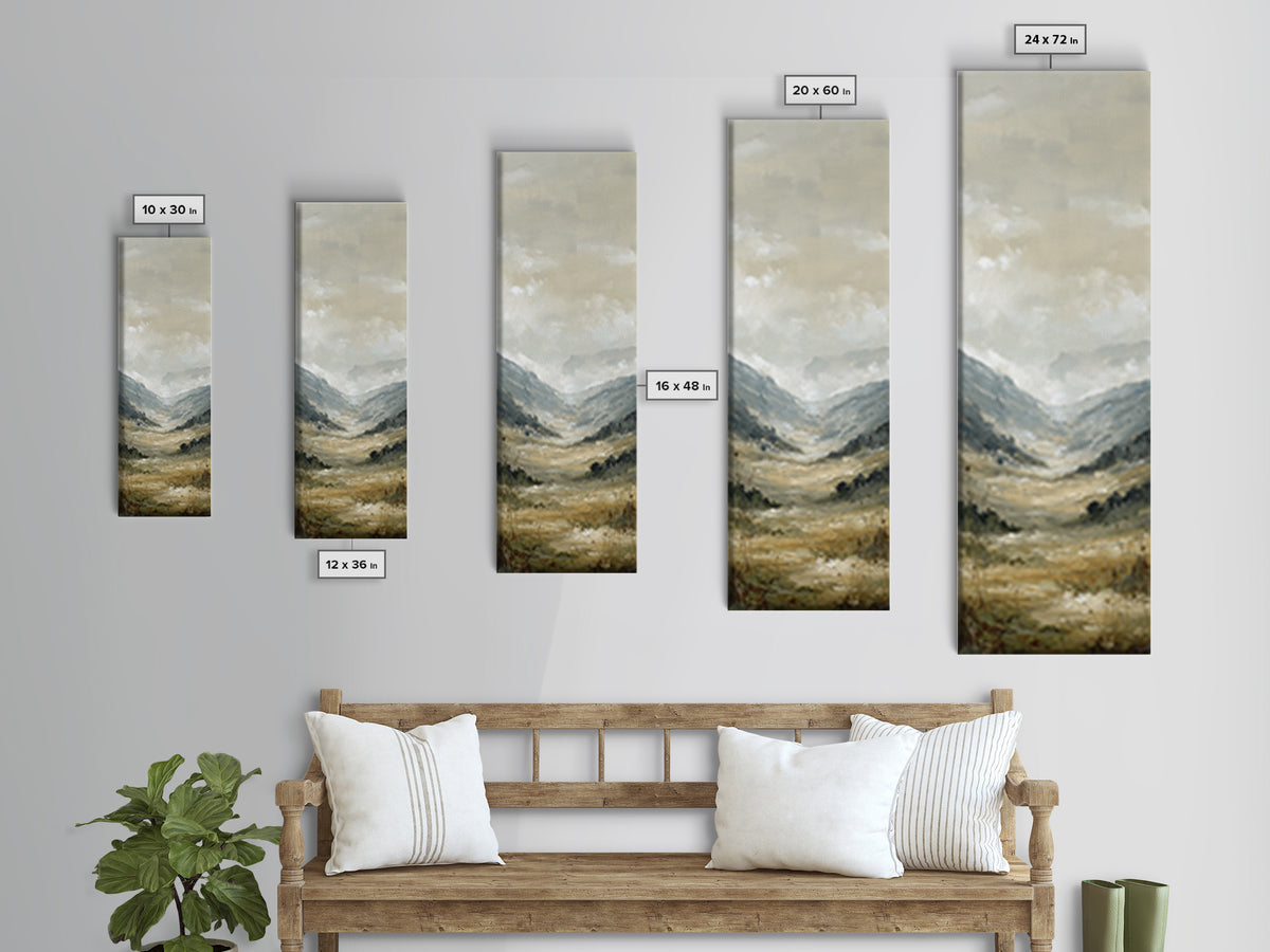 Panoramic Misty Mountain Landscape Framed Canvas Print, Above Bed Art, Textured Painting, Bedroom Decor, Fine Art, Serenity, ABA-1x3-61