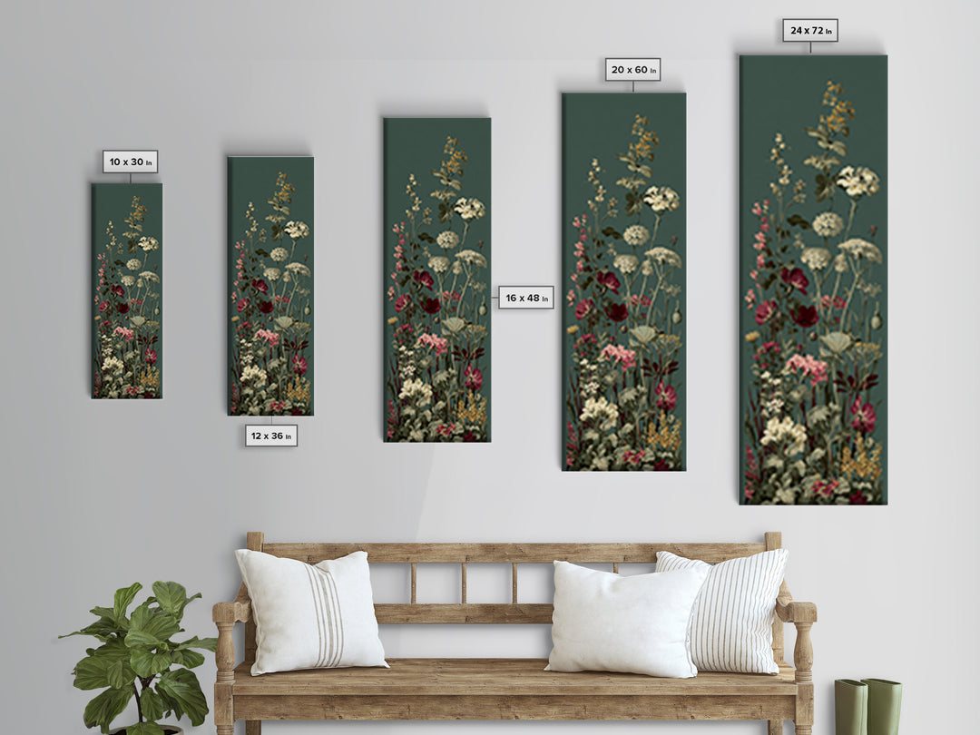 Wide Meadow of Muted Wildflowers at Dusk Framed Canvas Print, Above Bed Art, 3 Piece Wall Art, Bedroom Decor, Watercolor Art, ABA-1x3-70