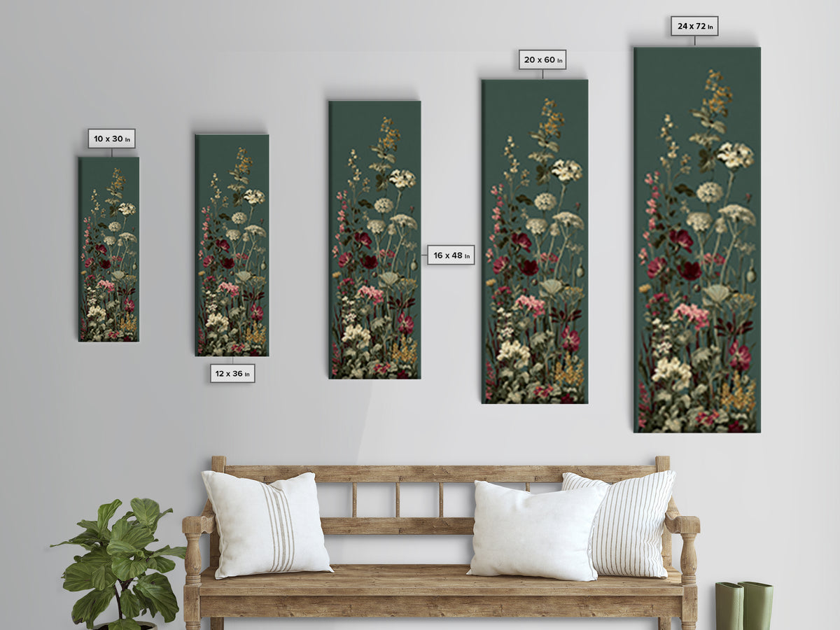 Wide Meadow of Muted Wildflowers at Dusk Framed Canvas Print, Above Bed Art, 3 Piece Wall Art, Bedroom Decor, Watercolor Art, ABA-1x3-70