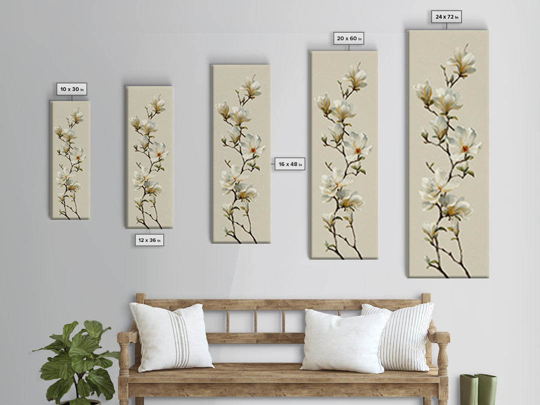 Delicate Magnolia Branch on Cream Background Framed Canvas Print, Above Bed Art, Digital Print, Bedroom Decor, Serenity, ABA-1x3-76
