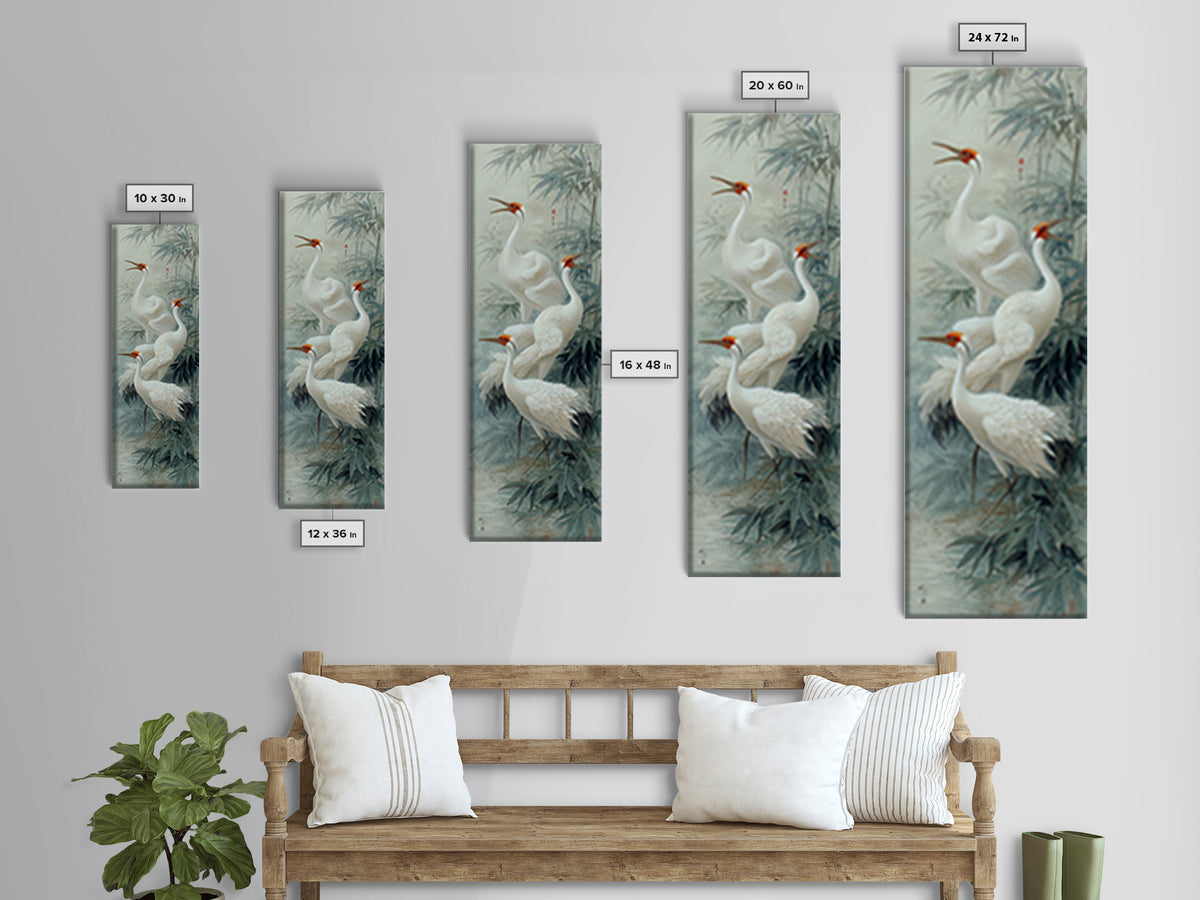 Ethereal Cranes Flying Through Pale Morning Mist Canvas Print, Above Bed Art, Minimalist Decor, Bedroom Decor, Serenity, ABA-1x3-93