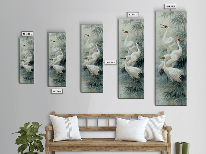 Ethereal Cranes Flying Through Pale Morning Mist Canvas Print, Above Bed Art, Minimalist Decor, Bedroom Decor, Serenity, ABA-1x3-93