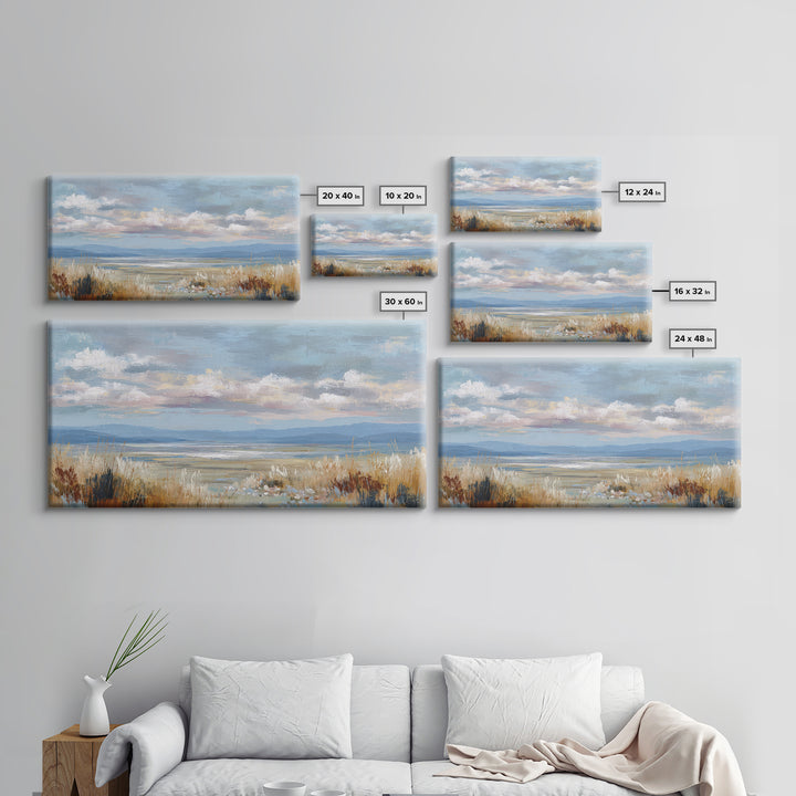 Tranquil Cloudscape with Blush Undertones Framed Canvas Print, Above Bed Art, Wall Decor, Bedroom Decor, Fine Art, Serenity, ABA-2x1-1