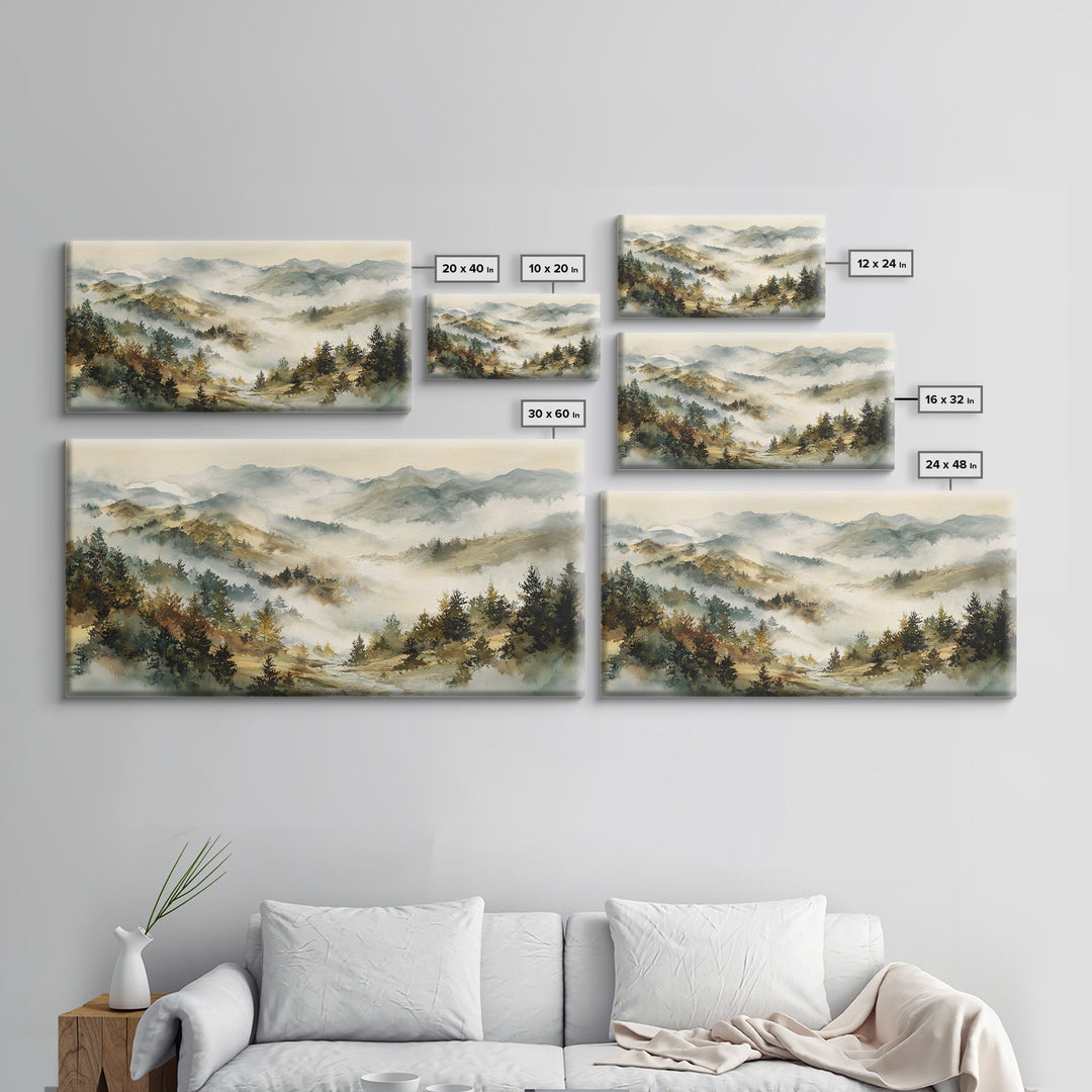 Quiet Forest Ridge Softened by Fog Framed Canvas Print, Above Bed Art, Art Print, Bedroom Decor, Fine Art, Serenity, Dorm Decor, ABA-2x1-10