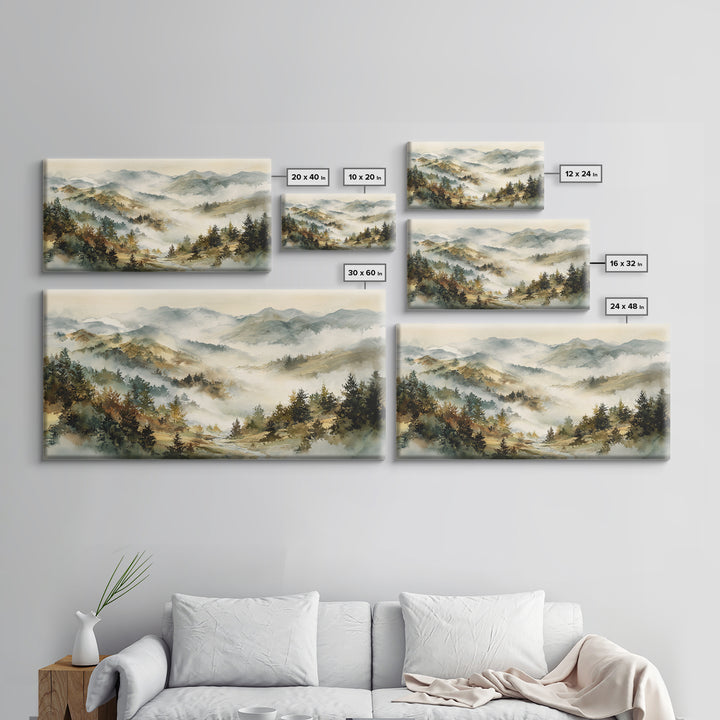 Quiet Forest Ridge Softened by Fog Framed Canvas Print, Above Bed Art, Art Print, Bedroom Decor, Fine Art, Serenity, Dorm Decor, ABA-2x1-10