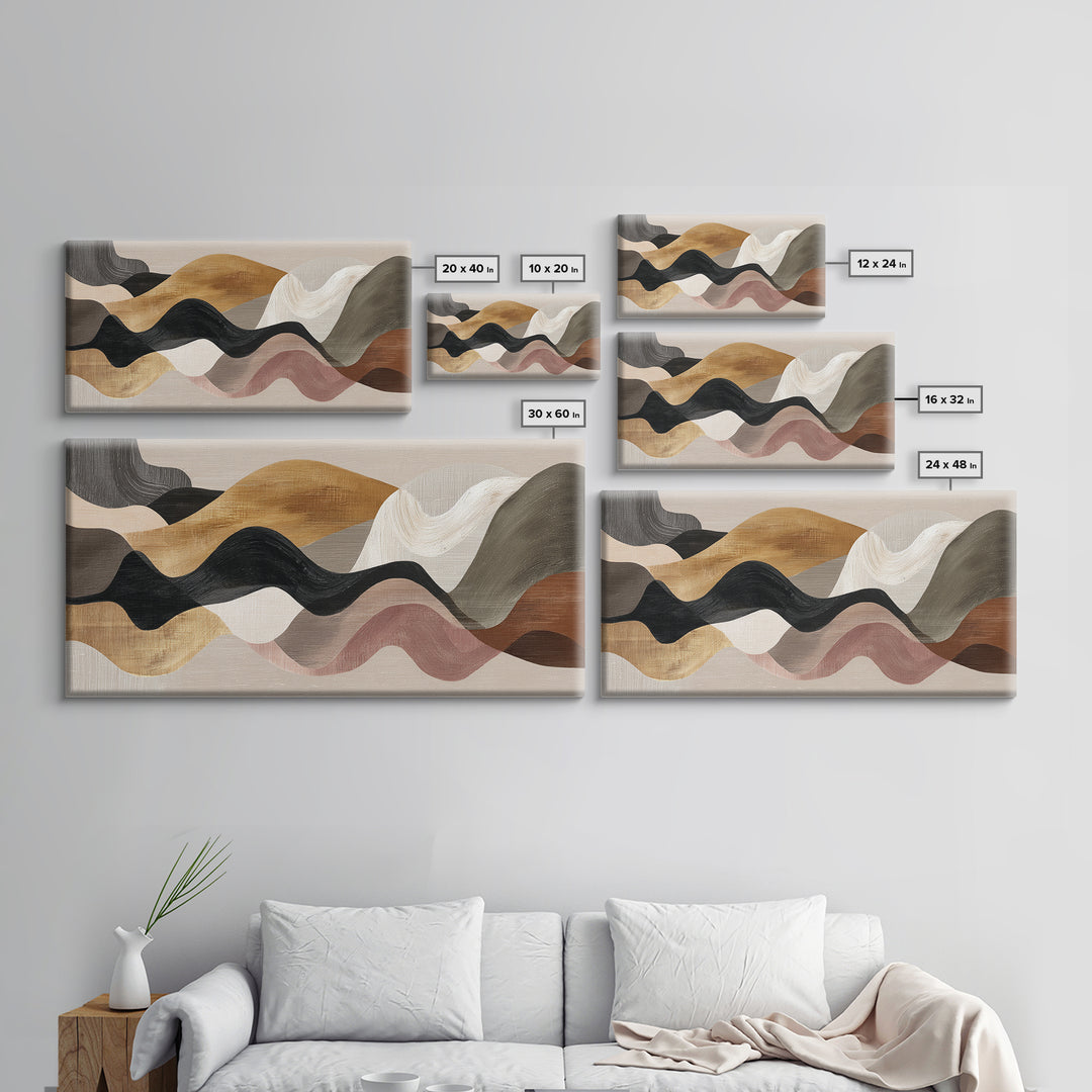 Warm Taupe Abstract Waves Framed Canvas Print, Above Bed Art, Horizontal Wall Art, Bedroom Decor, Abstract Art, Serenity, ABA-2x1-11
