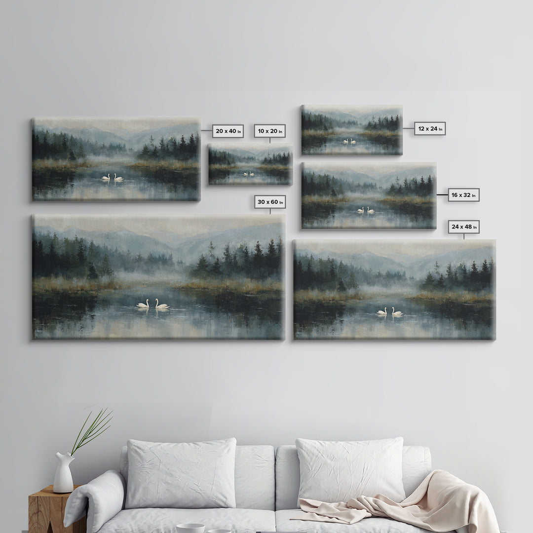 Paired Swans in a Dreamy Painterly Lake Framed Canvas Print, Above Bed Art, Fine Art Print, Bedroom Decor, Fine Art, Serenity, ABA-2x1-18
