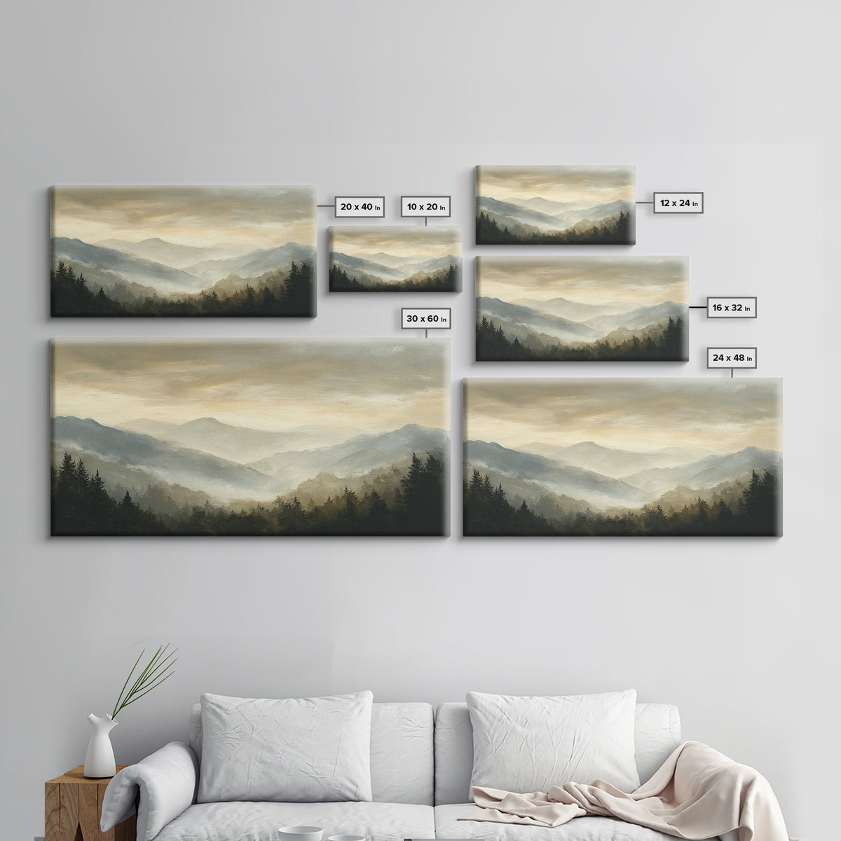 Panoramic Misty Mountain Landscape Canvas Print, Above Bed Art, Wall Art, Bedroom Decor, Fine Art, Serenity, Digital Print, ABA-2x1-21