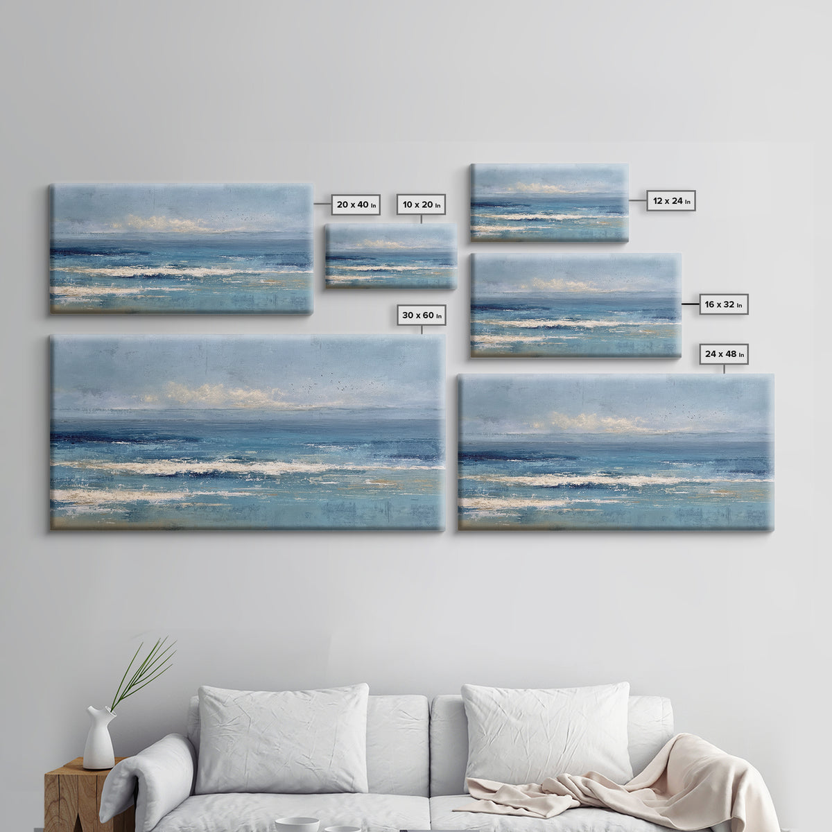 Quiet Moon over a Calm Ocean Horizon Framed Canvas Print, Above Bed Art, Mid Century Modern, Bedroom Decor, Fine Art, Serenity, ABA-2x1-23