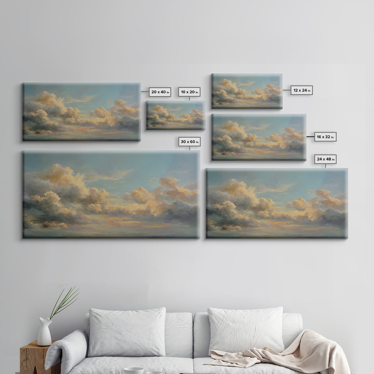 Tranquil Cloudscape with Blush Undertones Framed Canvas Print, Above Bed Art, Wall Decor, Bedroom Decor, Fine Art, Serenity, ABA-2x1-25