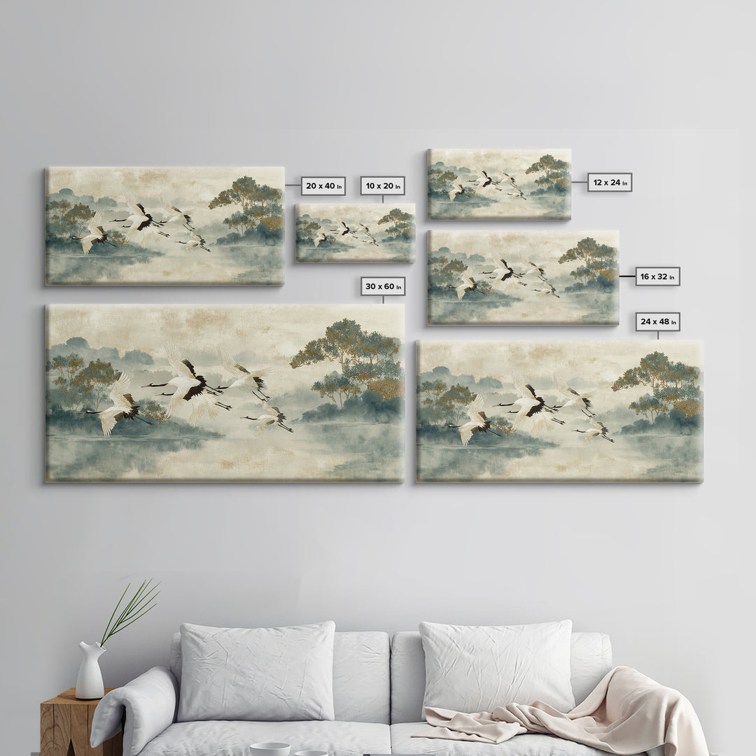 Ethereal Cranes Flying Through Pale Morning Mist Canvas Print, Above Bed Art, Digital Prints, Bedroom Decor, Serenity, ABA-2x1-29