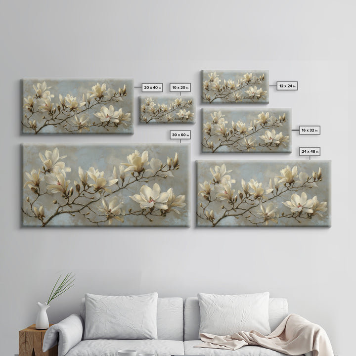 Delicate Magnolia Branch on Cream Background Canvas Print, Above Bed Art, Wall Art, Bedroom Decor, Fine Art, Serenity, ABA-2x1-36