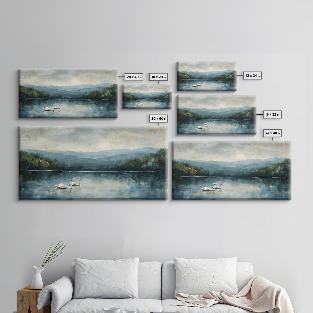 Paired Swans in a Dreamy Painterly Lake Framed Canvas Print, Above Bed Art, Fine Art Print, Bedroom Decor, Fine Art, Serenity, ABA-2x1-42