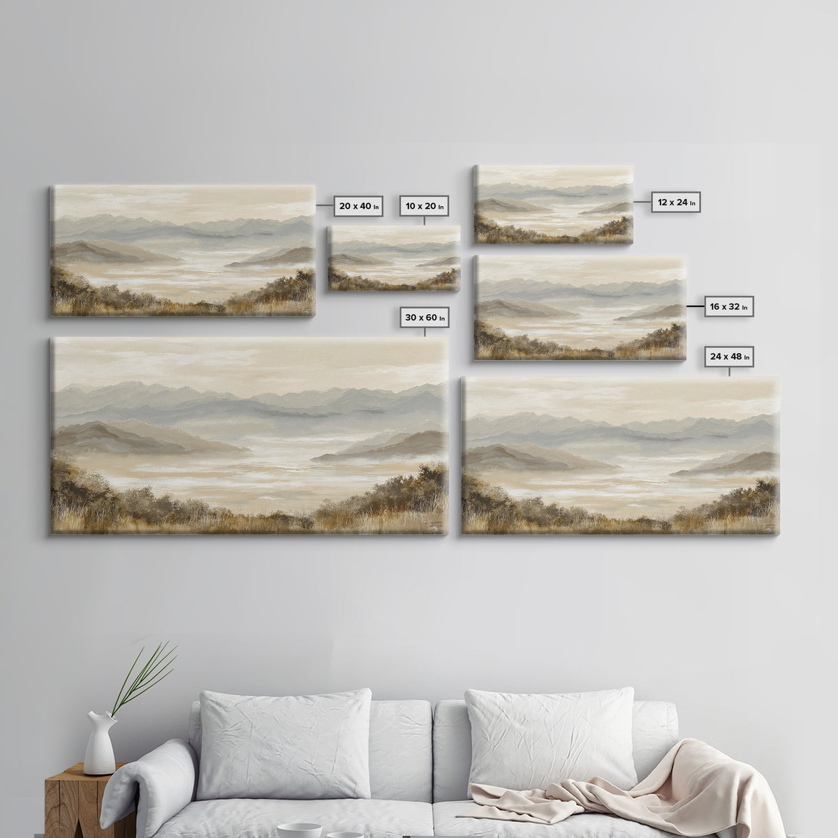Panoramic Misty Mountain Landscape Framed Canvas Print, Above Bed Art, Mid Century Modern, Bedroom Decor, Oil Painting, ABA-2x1-45