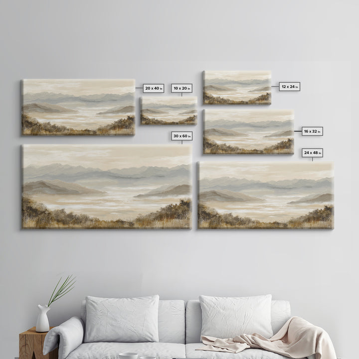 Panoramic Misty Mountain Landscape Framed Canvas Print, Above Bed Art, Mid Century Modern, Bedroom Decor, Oil Painting, ABA-2x1-45