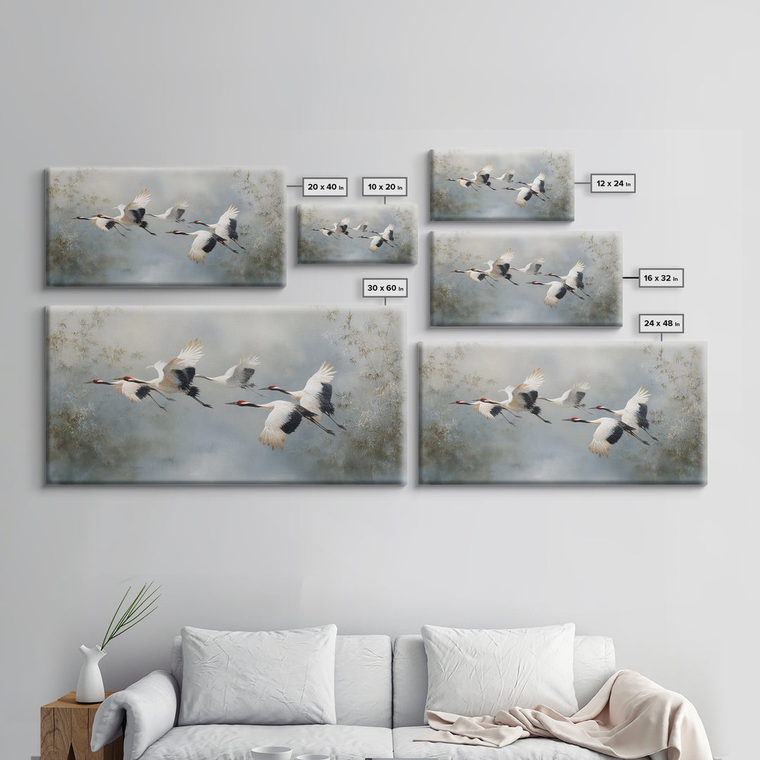 Ethereal Cranes Flying Through Pale Morning Mist Canvas Print, Above Bed Art, Digital Prints, Bedroom Decor, Serenity, ABA-2x1-5