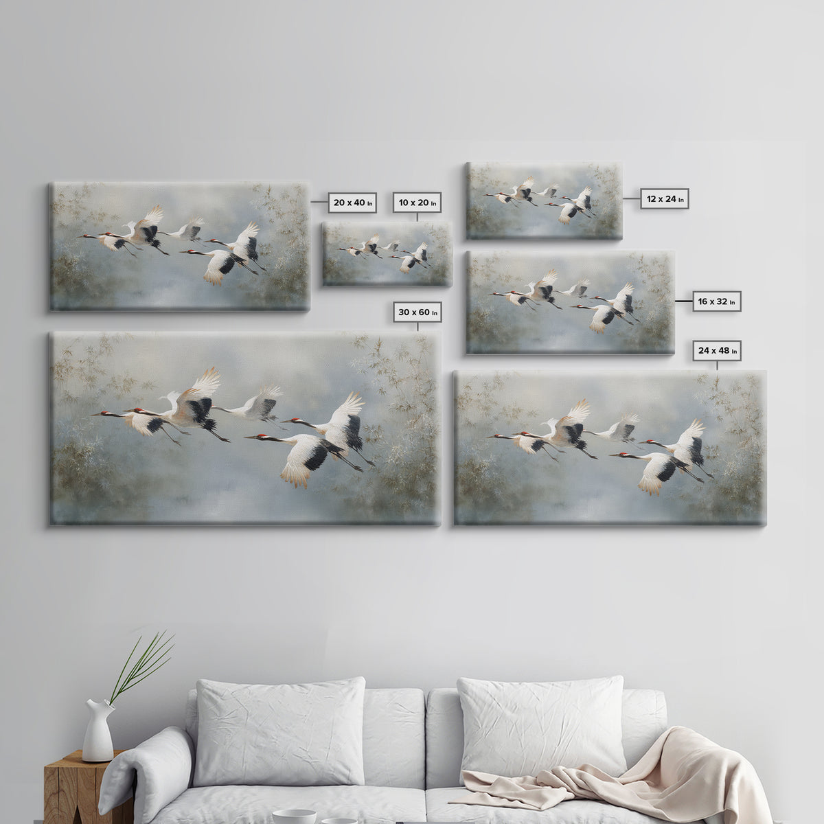 Ethereal Cranes Flying Through Pale Morning Mist Canvas Print, Above Bed Art, Digital Prints, Bedroom Decor, Serenity, ABA-2x1-5