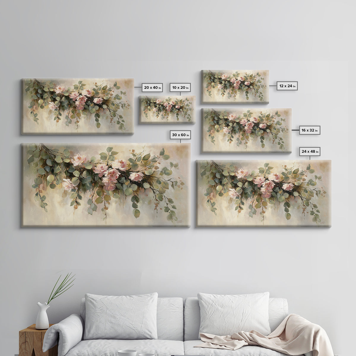 Soft Eucalyptus Branches Arranged Symmetrically Canvas Print, Above Bed Art, Minimalist Decor, Bedroom Decor, Serenity, ABA-2x1-50