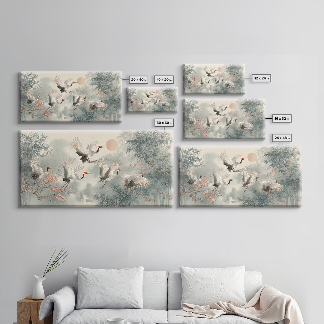 Ethereal Cranes Flying Through Pale Morning Mist Canvas Print, Above Bed Art, Bedroom Decor, Oil Painting, Serenity, ABA-2x1-53