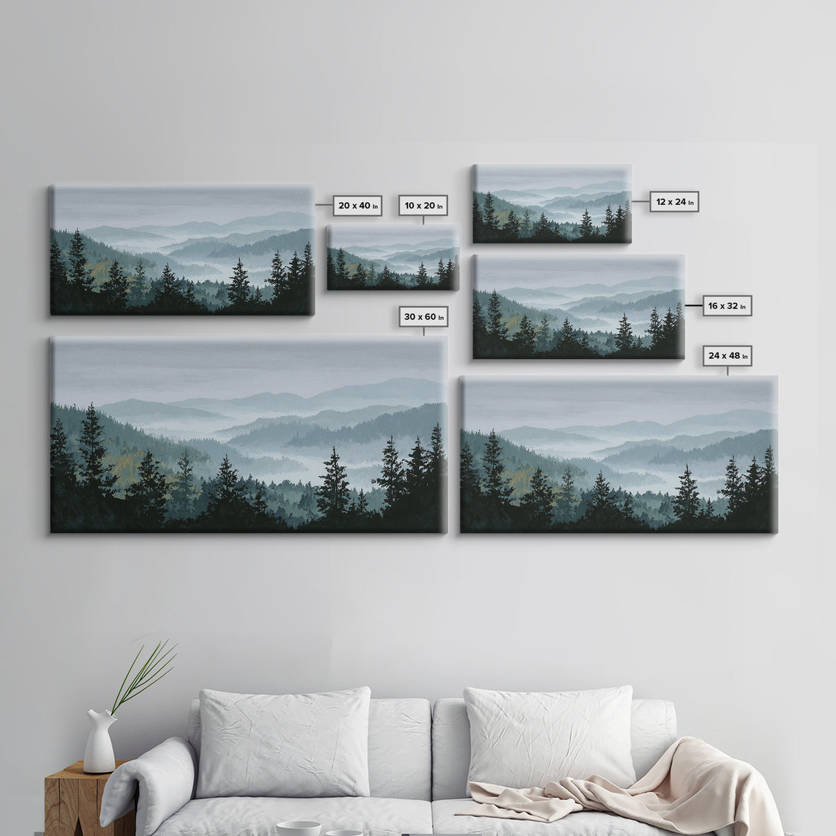 Quiet Forest Ridge Softened by Fog Canvas Print, Above Bed Art, Wall Art, Bedroom Decor, Fine Art, Serenity, Digital Print, ABA-2x1-58
