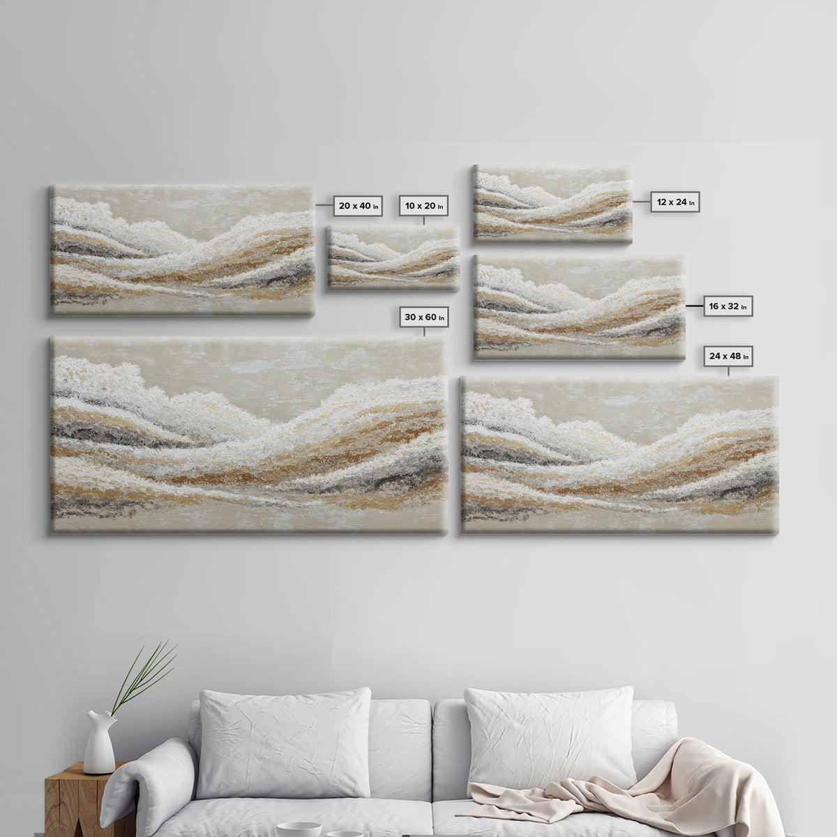 Warm Taupe Abstract Waves Framed Canvas Print, Above Bed Art, Japanese Wall Art, Bedroom Decor, Abstract Art, Serenity, ABA-2x1-59
