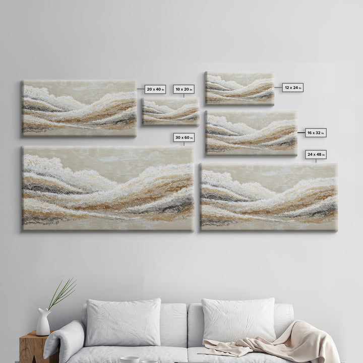 Warm Taupe Abstract Waves Framed Canvas Print, Above Bed Art, Japanese Wall Art, Bedroom Decor, Abstract Art, Serenity, ABA-2x1-59