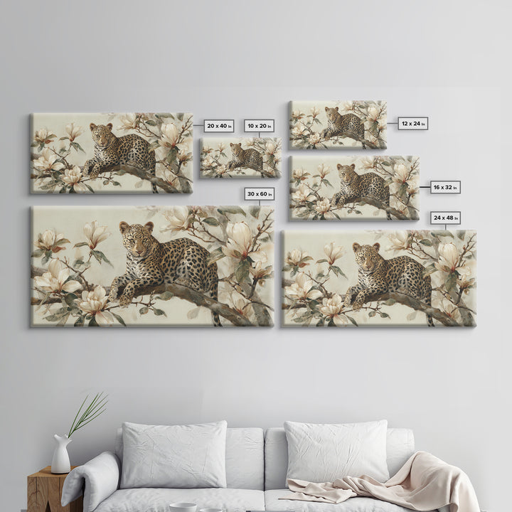 Delicate Magnolia Branch on Cream Background Framed Canvas Print, Above Bed Art, Mid Century Modern, Bedroom Decor, Serenity, ABA-2x1-60