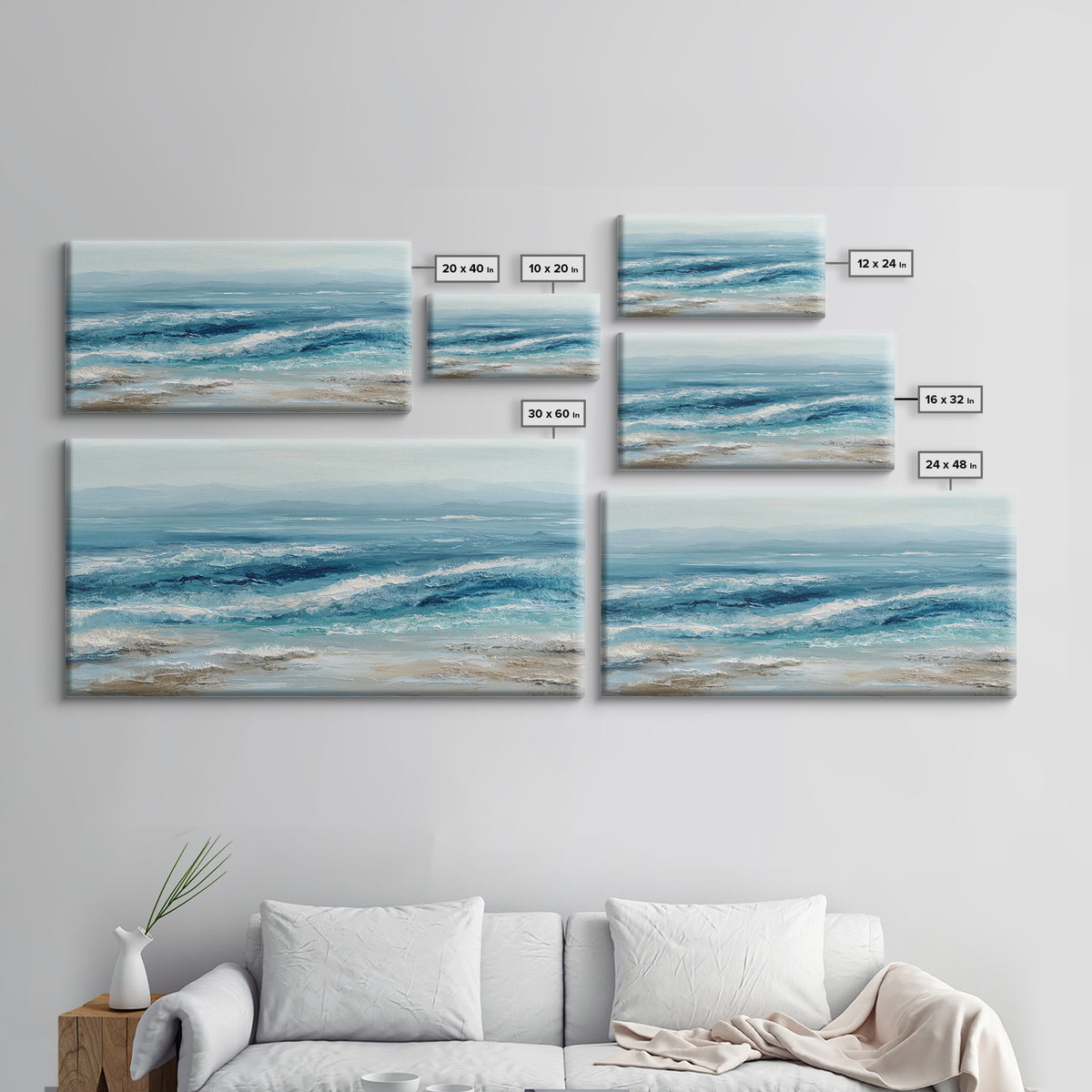 Serene Ocean Tide Seen from Above Framed Canvas Print, Above Bed Art, Wall Art Prints, Bedroom Decor, Fine Art, Serenity, ABA-2x1-65