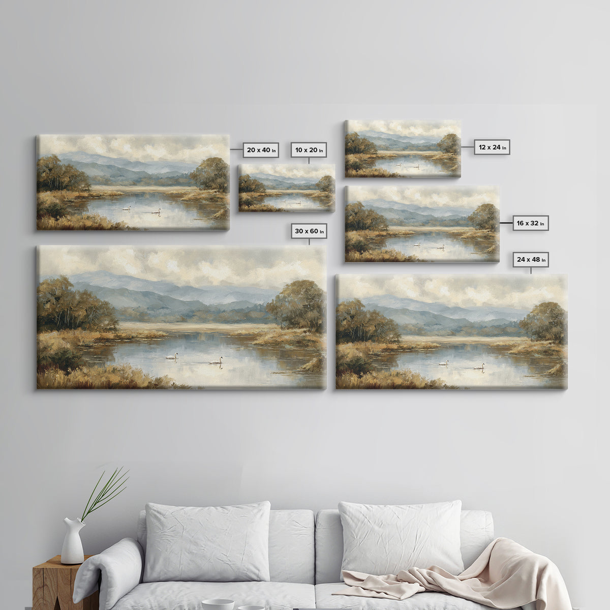 Paired Swans in a Dreamy Painterly Lake Canvas Print, Above Bed Art, Textured Painting, Bedroom Decor, Watercolor Art, Serenity, ABA-2x1-66