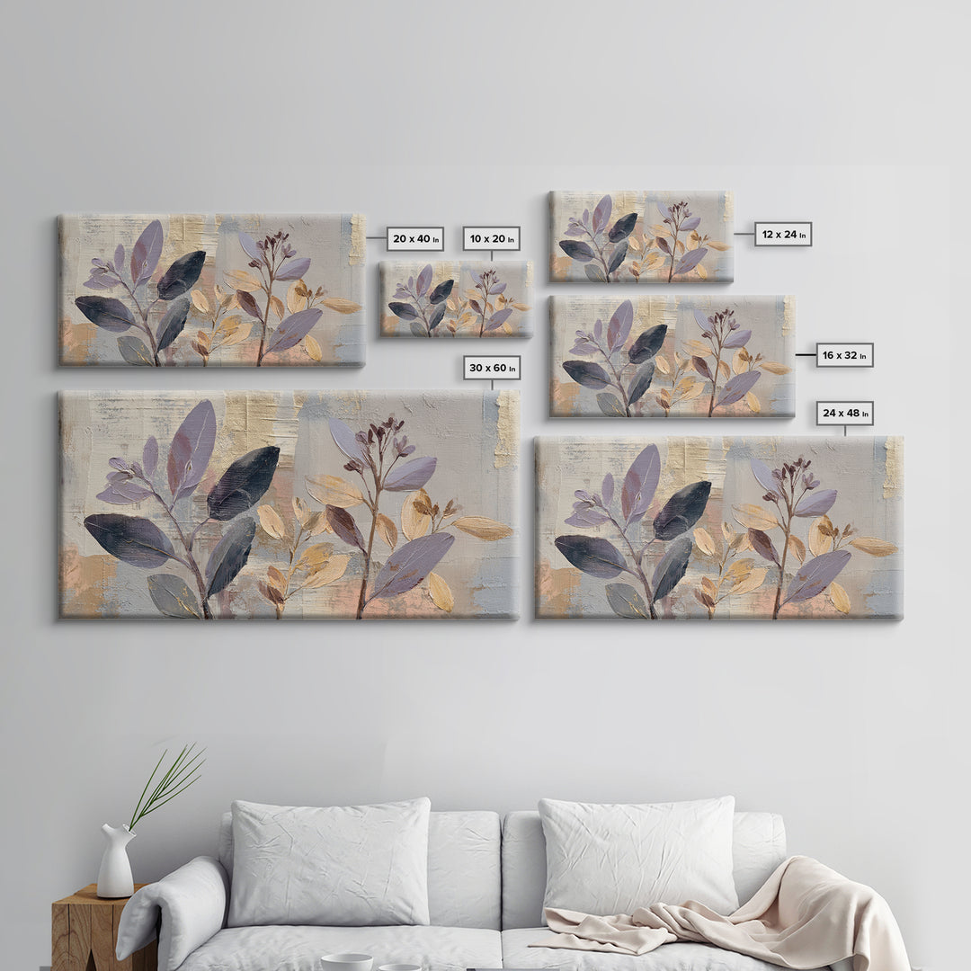 Tonal Botanical Shadows on Plaster Surface Framed Canvas Print, Above Bed Art, 3 Piece Wall Art, Bedroom Decor, Serenity, ABA-2x1-67