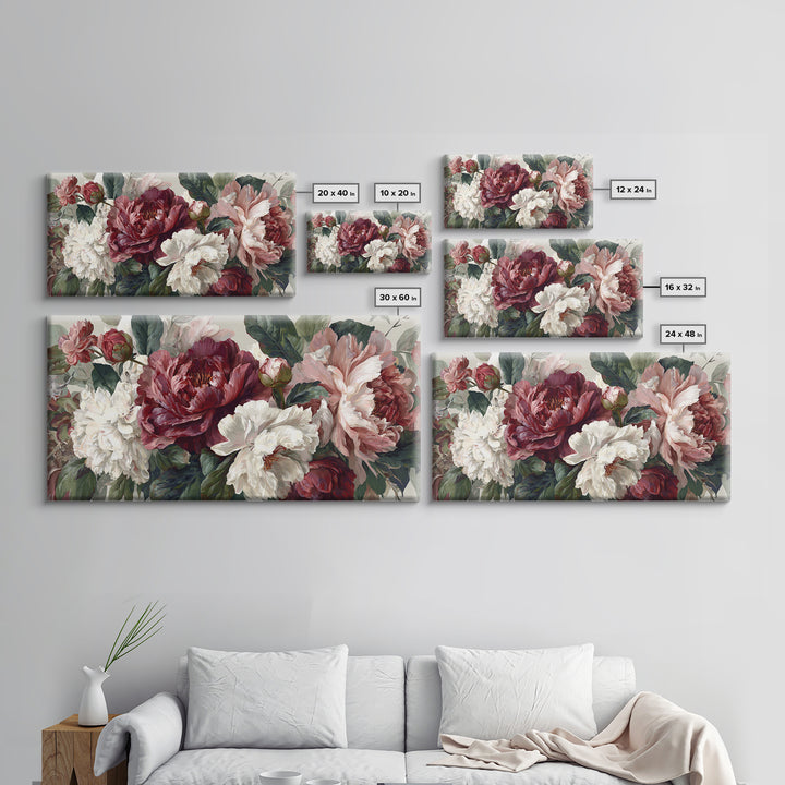 Romantic Oversized Peony Bloom on Warm Linen Canvas Print, Above Bed Art, Digital Art, Bedroom Decor, Fine Art, Serenity, ABA-2x1-70