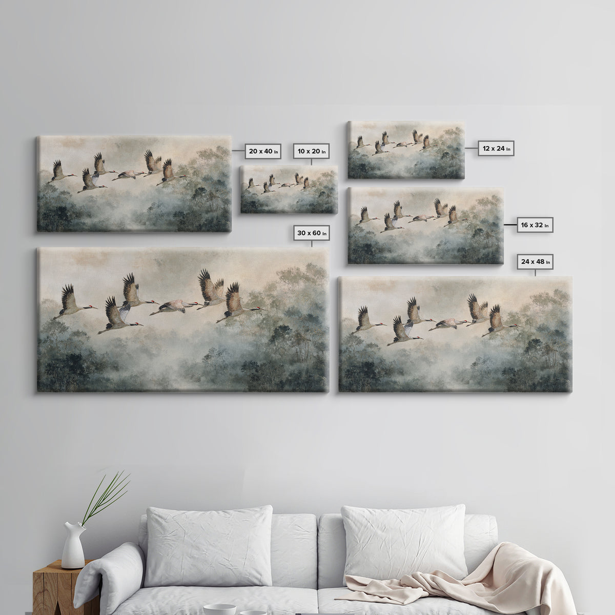 Ethereal Cranes Flying Through Pale Morning Mist Canvas Print, Above Bed Art, Bedroom Decor, Oil Painting, Serenity, ABA-2x1-77