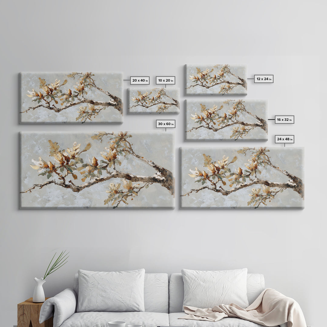 Delicate Magnolia Branch on Cream Background Framed Canvas Print, Above Bed Art, Boho Wall Art, Bedroom Decor, Watercolor Art, ABA-2x1-84
