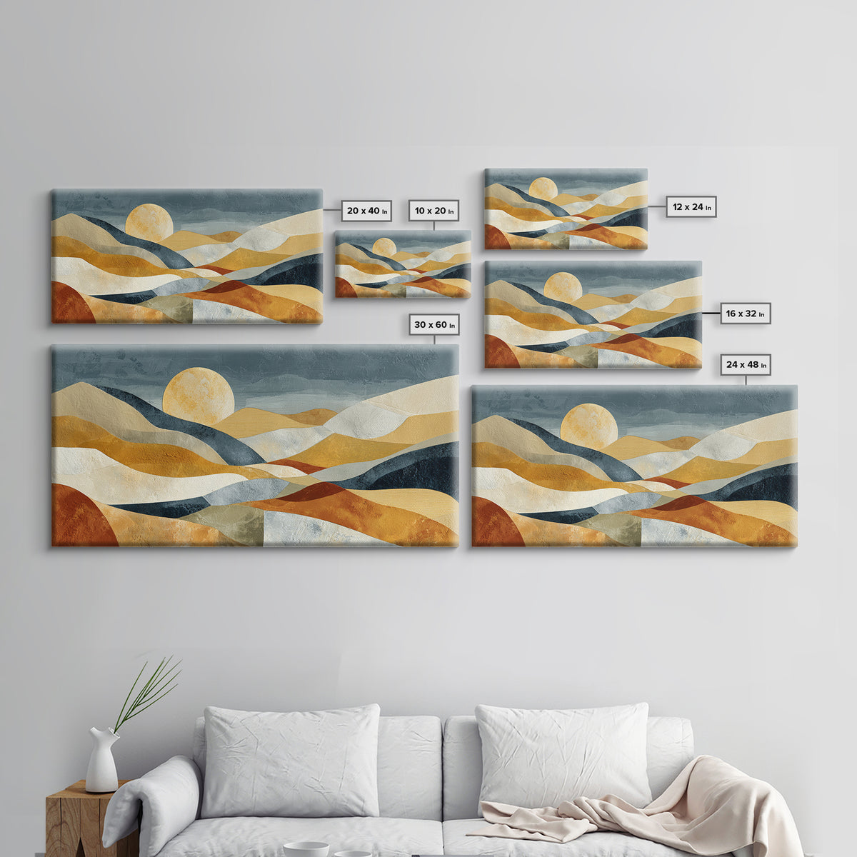 Abstract Sunrise Geometry Framed Canvas Print, Above Bed Art, Bedroom Decor, Abstract Art, Serenity, Living Room Wall Art, ABA-2x1-88