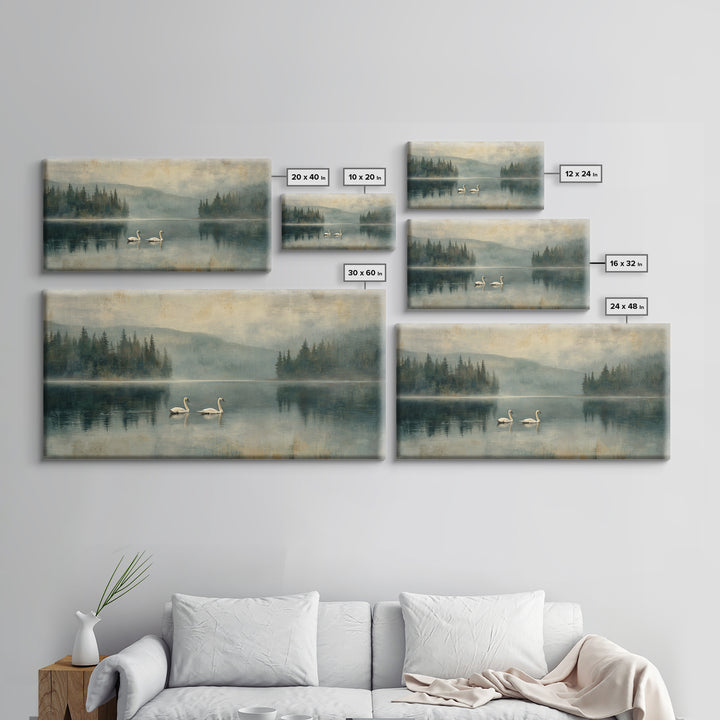 Paired Swans in a Dreamy Painterly Lake Framed Canvas Print, Above Bed Art, Digital Prints, Bedroom Decor, Fine Art, Serenity, ABA-2x1-90