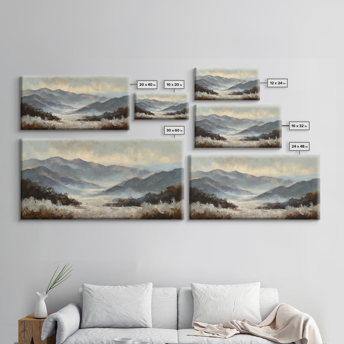 Panoramic Misty Mountain Landscape Canvas Print, Above Bed Art, Textured Wall Art, Bedroom Decor, Fine Art, Serenity, ABA-2x1-93