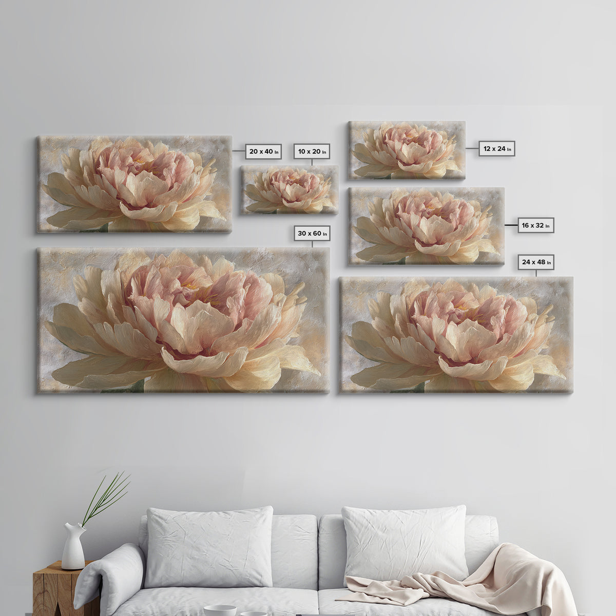 Romantic Oversized Peony Bloom on Warm Linen Canvas Print, Above Bed Art, Digital Art, Bedroom Decor, Fine Art, Serenity, ABA-2x1-94