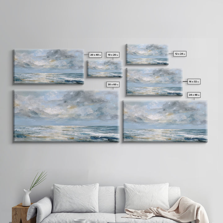 Quiet Moon over a Calm Ocean Horizon Framed Canvas Print, Above Bed Art, Bedroom Wall Decor, Bedroom Decor, Oil Painting, ABA-2x1-95