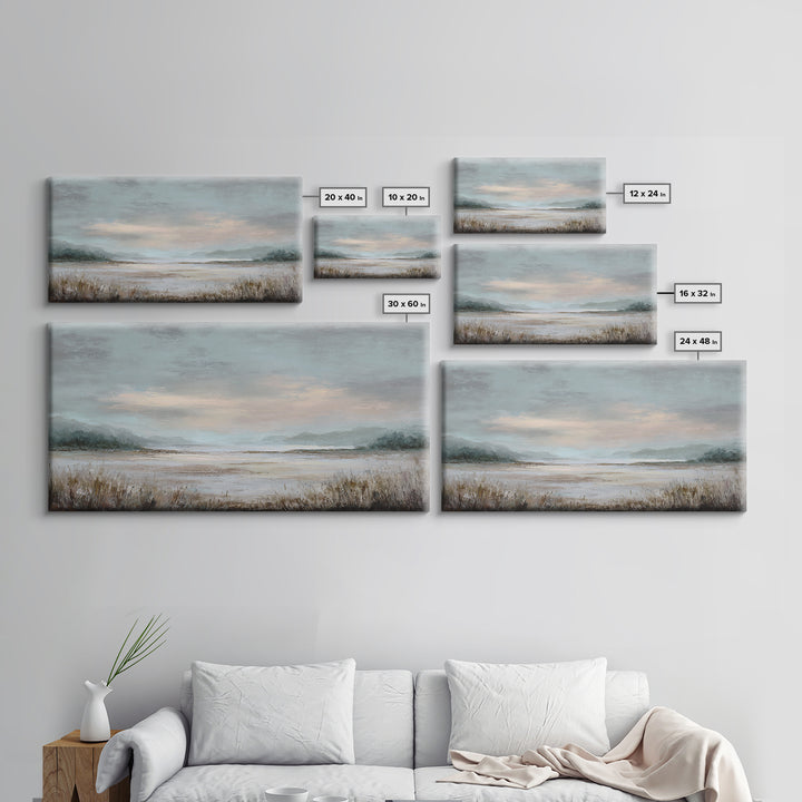 Tranquil Cloudscape with Blush Undertones Framed Canvas Print, Above Bed Art, Digital Print, Bedroom Decor, Fine Art, Serenity, ABA-2x1-97