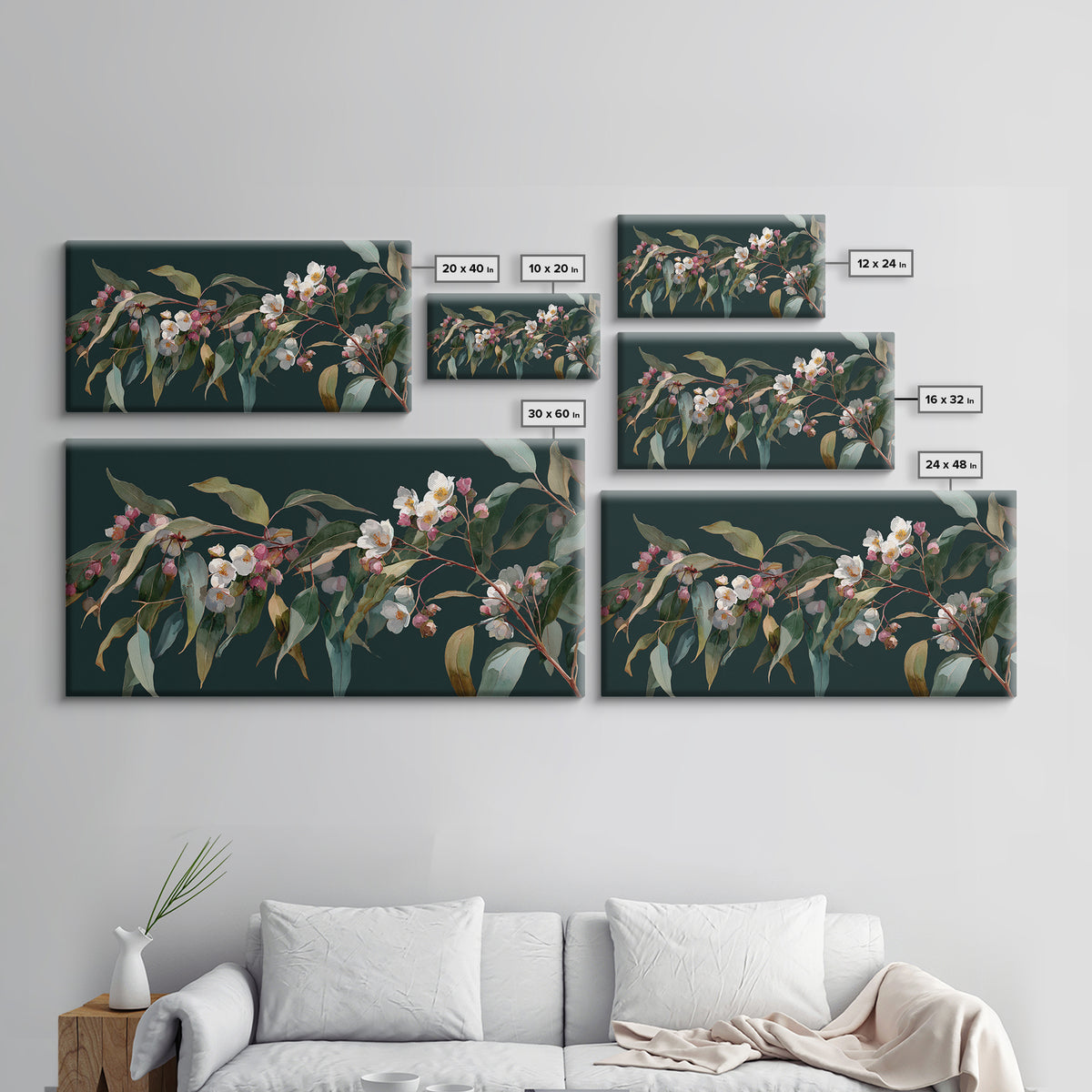 Soft Eucalyptus Branches Arranged Symmetrically Canvas Print, Above Bed Art, Bedroom Decor, Watercolor Art, Serenity, ABA-2x1-98