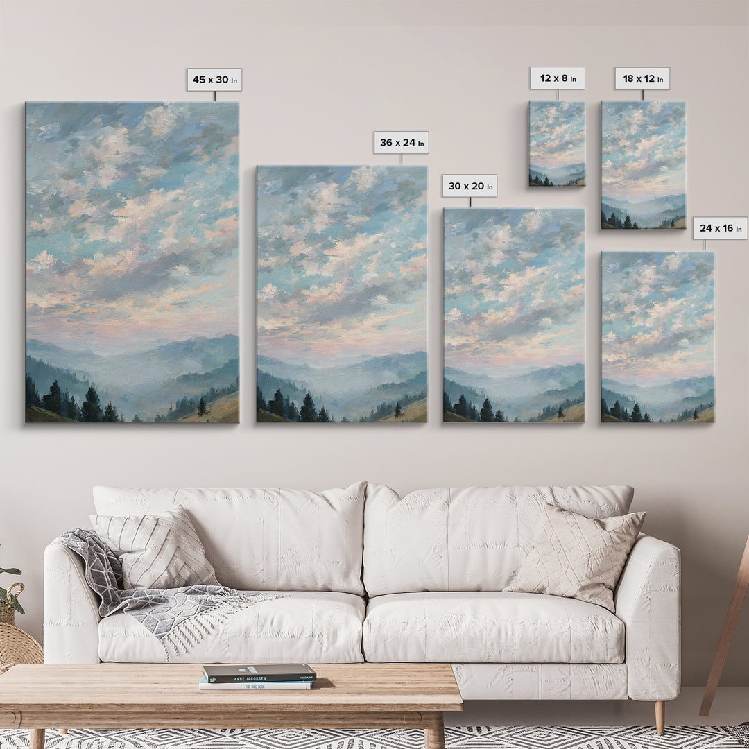 Tranquil Cloudscape with Blush Undertones Framed Canvas Print, Above Bed Art, Digital Art, Bedroom Decor, Fine Art, Serenity, ABA-2x3-13