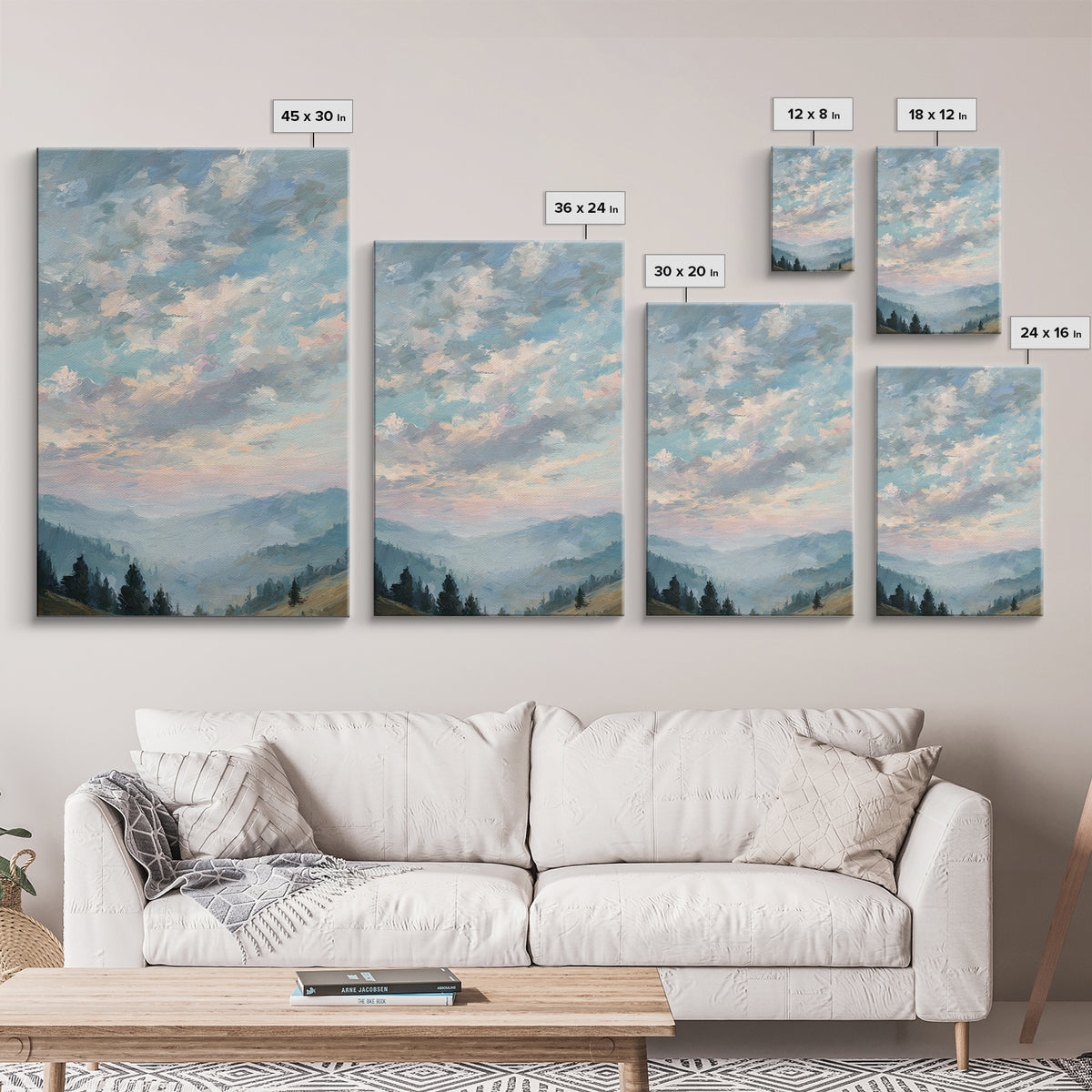 Tranquil Cloudscape with Blush Undertones Framed Canvas Print, Above Bed Art, Digital Art, Bedroom Decor, Fine Art, Serenity, ABA-2x3-13