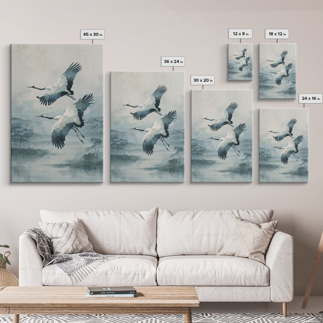 Ethereal Cranes Flying Through Pale Morning Mist Canvas Print, Above Bed Art, Printable Wall Art, Bedroom Decor, Serenity, ABA-2x3-17