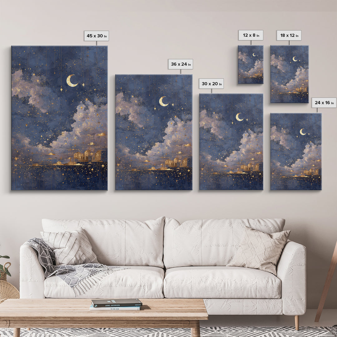 Subtle Celestial Scene Framed Canvas Print, Above Bed Art, Bedroom Decor, Oil Painting, Serenity, Textured Wall Art, ABA-2x3-21