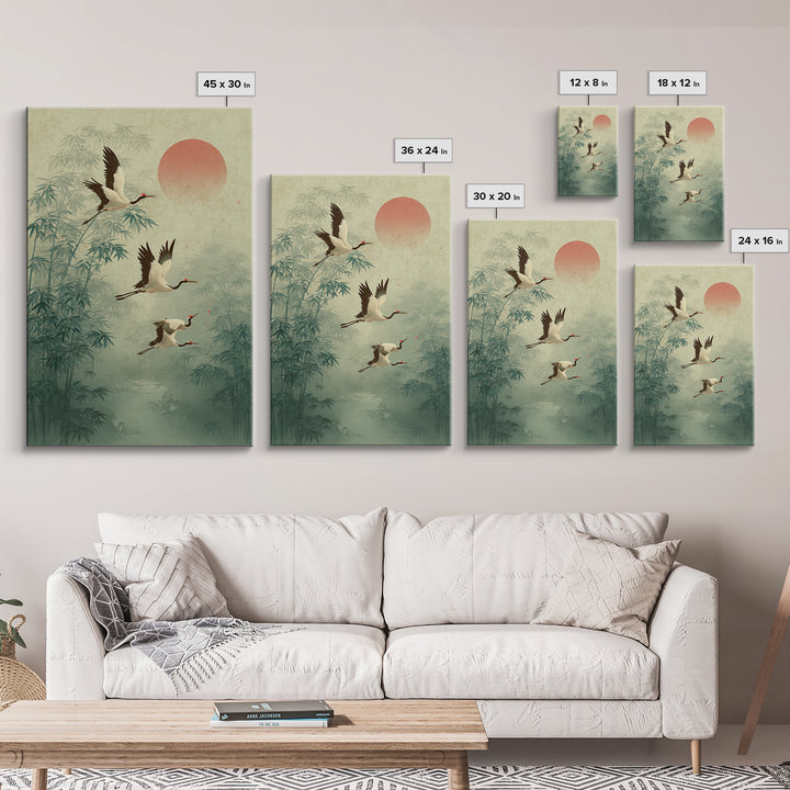 Ethereal Cranes Flying Through Pale Morning Mist Canvas Print, Above Bed Art, Printable Wall Art, Bedroom Decor, Serenity, ABA-2x3-41