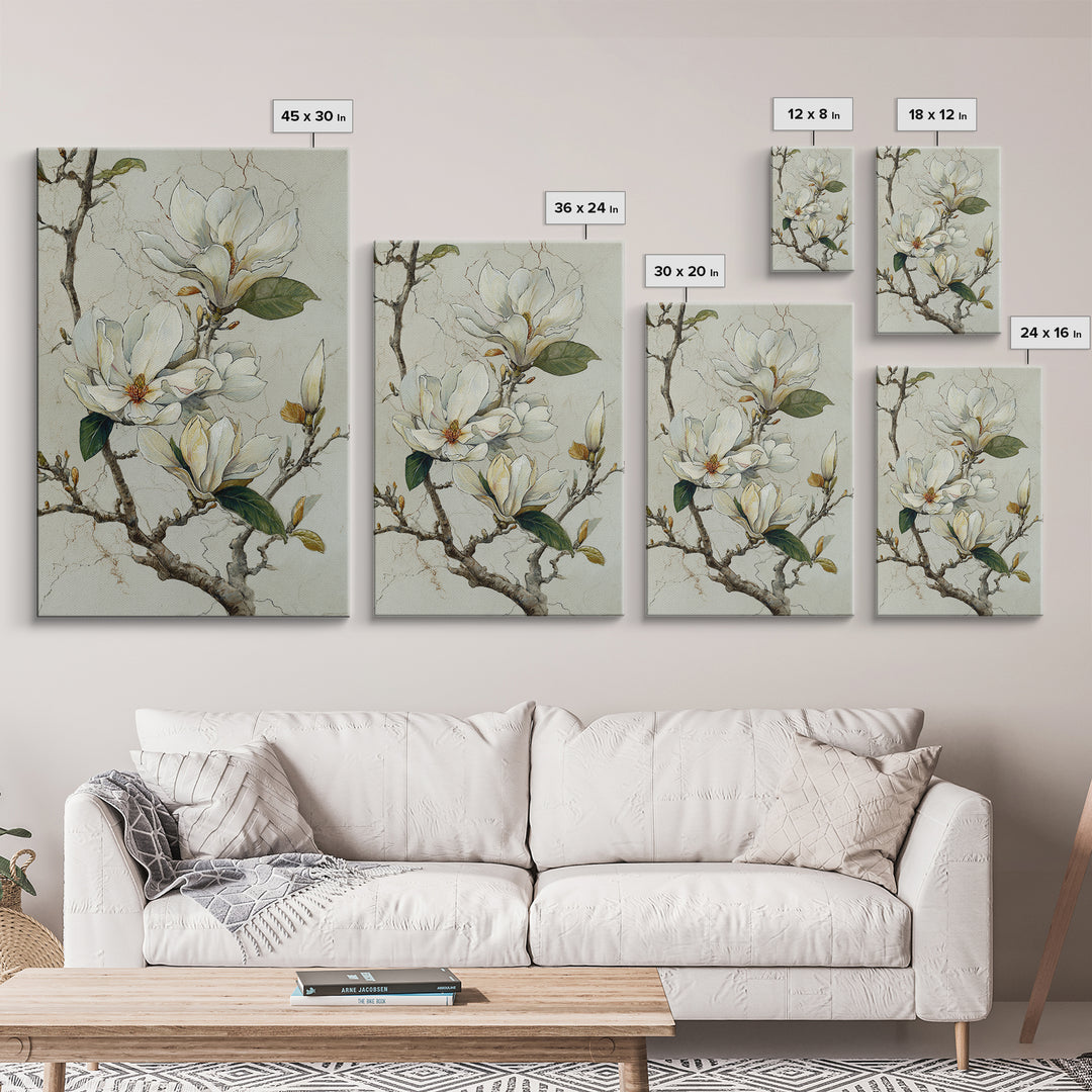 Delicate Magnolia Branch on Cream Background Framed Canvas Print, Above Bed Art, Statement Artwork, Bedroom Decor, Serenity, ABA-2x3-48