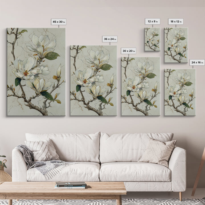 Delicate Magnolia Branch on Cream Background Framed Canvas Print, Above Bed Art, Statement Artwork, Bedroom Decor, Serenity, ABA-2x3-48