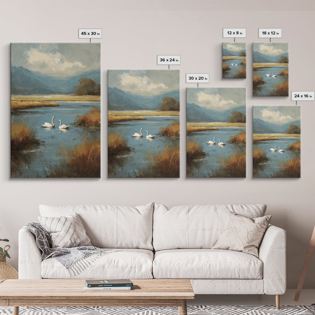 Paired Swans in a Dreamy Painterly Lake Canvas Print, Above Bed Art, Minimalist Decor, Bedroom Decor, Fine Art, Serenity, ABA-2x3-54
